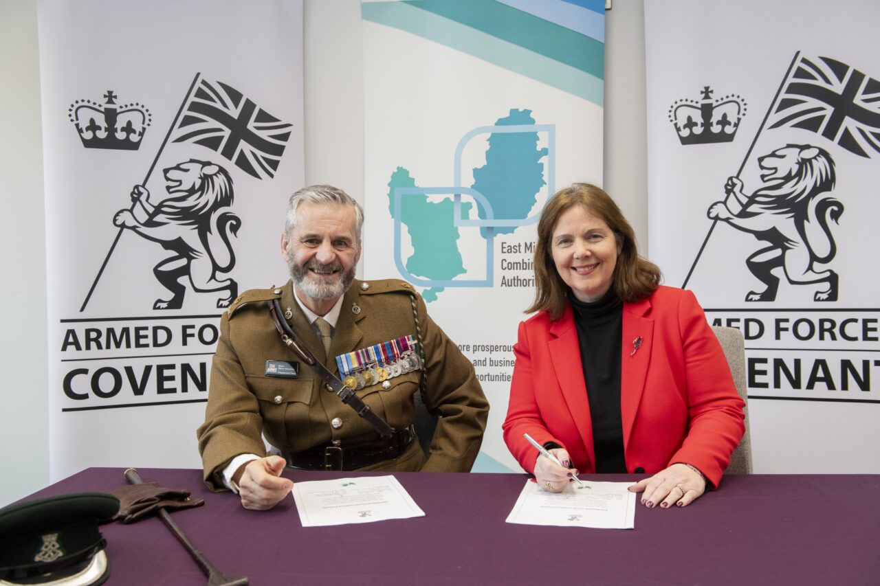 Mayor of the East Midlands Claire Ward and Major Steve Goodwin of the British Army signing the Armed Forces Covenant