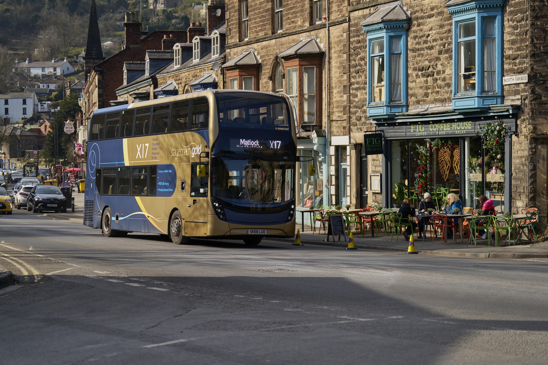 Transport: a Stagecoach double decker bus in Matlock, Derby.