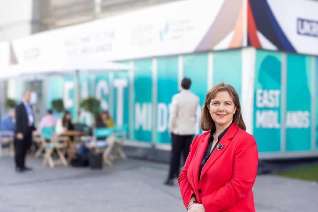 Mayor Claire outside the East Midlands Pavilion at UKREiiF 2025