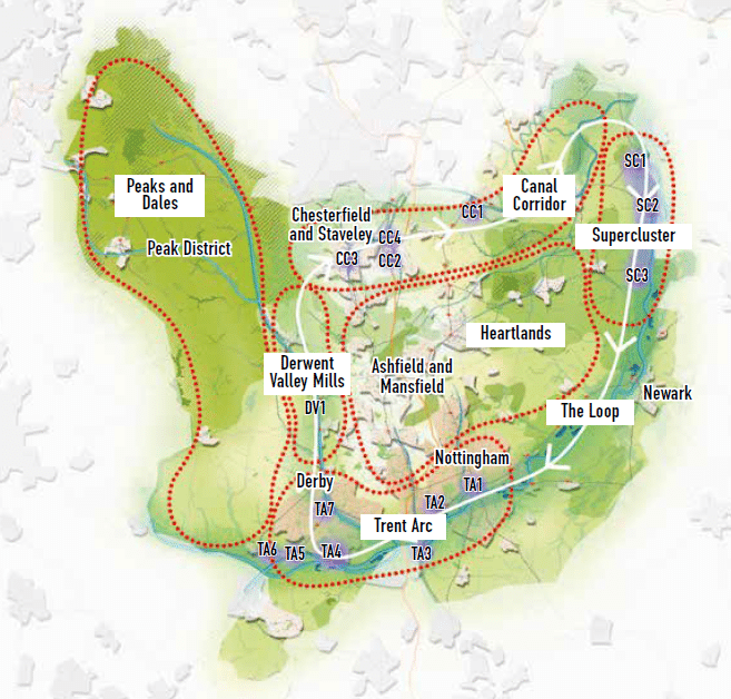 Map of the East Midlands region that shows development opportunities