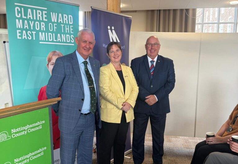 Mayor of the East Midlands, Claire Ward, with Cllr Stuart Matthews, left, Nottinghamshire County Council cabinet member for finance and resources, and Cllr Mick Barton, Nottinghamshire County Council leader, at the launch of Match My Project.
