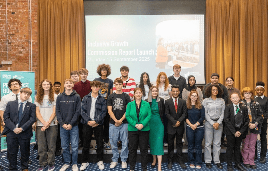 The Inclusive Growth Commission Report launch: Mayor of the East Midlands Claire Ward and CEO Amy Harhoff with young people from the region