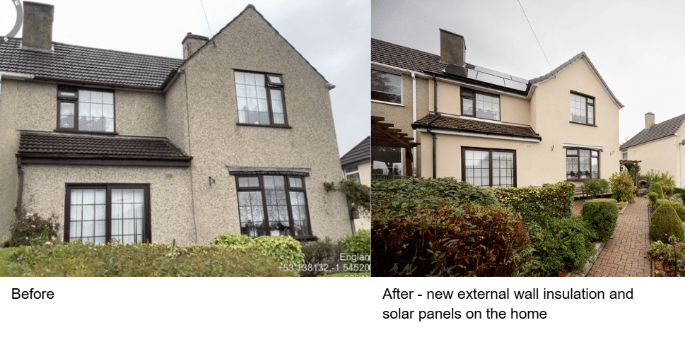 Before and after shots of the home that has received external wall insulation and solar panels as part of the domestic retrofit programme