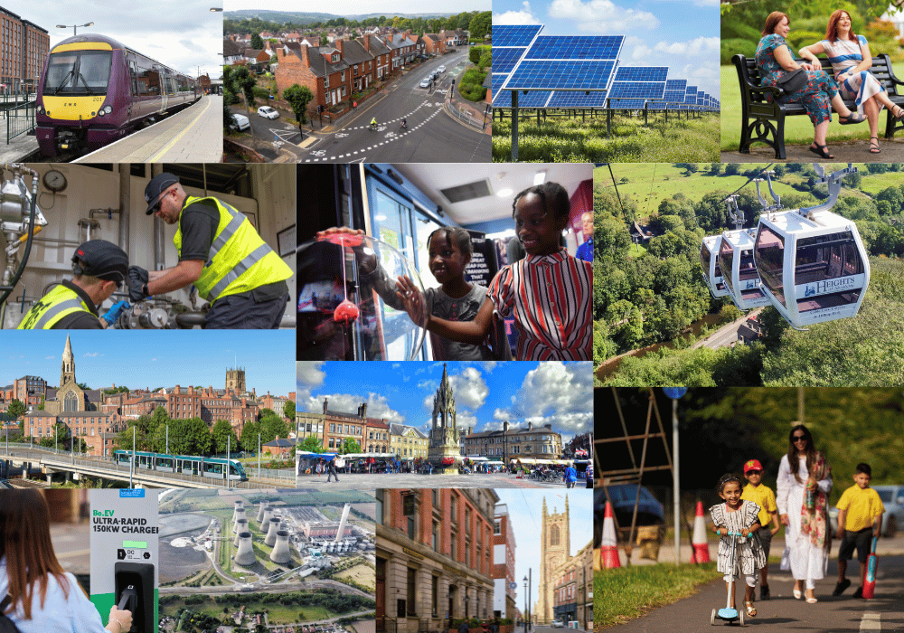 A collage of images of the East Midlands region including a train, an aerial shot of a street, solar panels, two men doing engineering work, the Heights of Abraham cable cars, Nottingham City Centre, Derby cathedral, a family walking on the street.