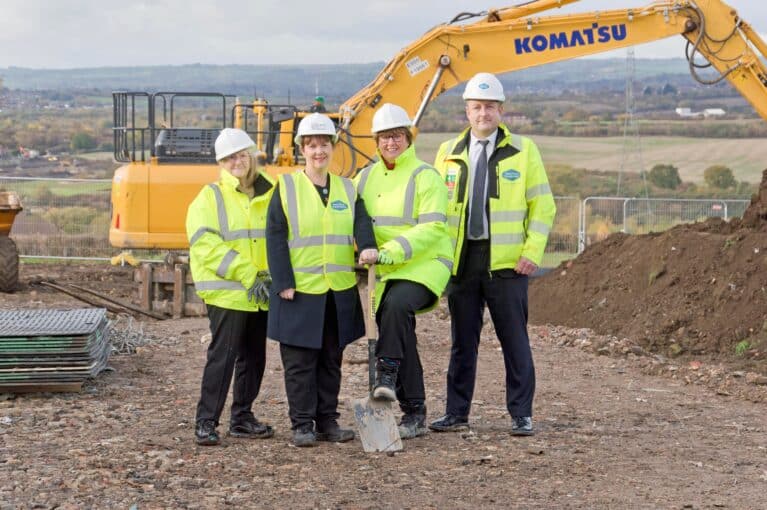 From left, Councillor Jean Innes, Chesterfield Borough Council’s cabinet member for housing; Mayor of the East Midlands, Claire Ward; Councillor Tricia Gilby, Leader of Chesterfield Borough Council and Mat Clarke, Head of Construction at Henry Boot Construction mark the start of building homes in Mastin Moor.