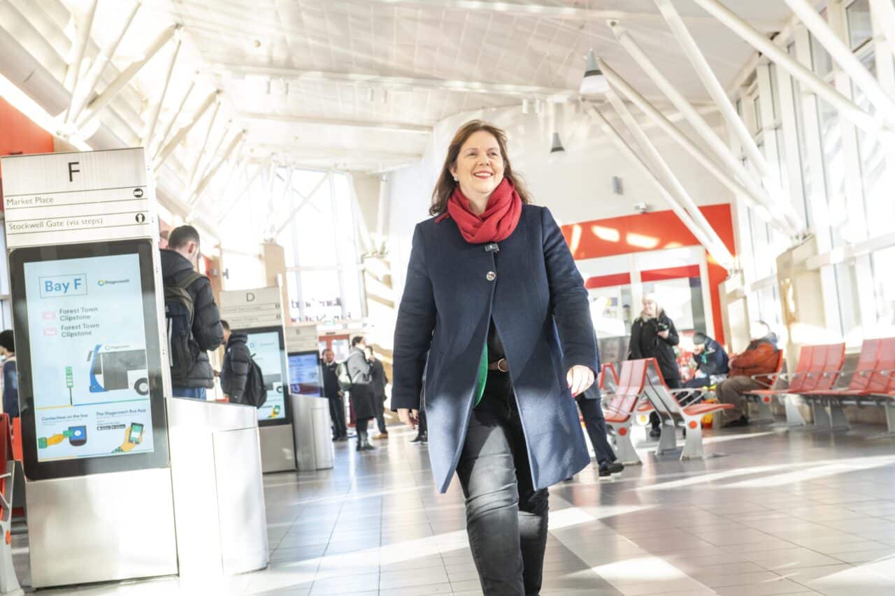 Mayor Claire walking through Mansfield Bus Station.