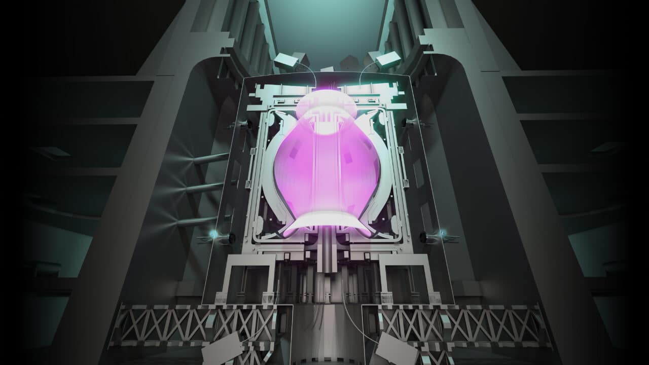 A graphic showing the STEP Fusion Prototype power plant with the plasma burning
