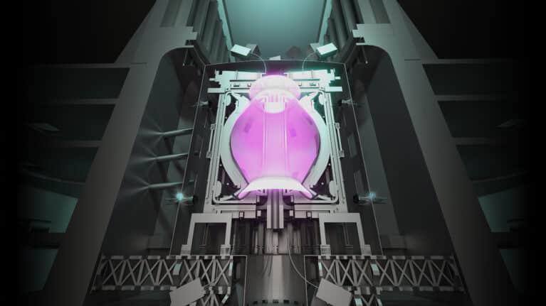 A graphic showing the STEP Fusion Prototype power plant with the plasma burning