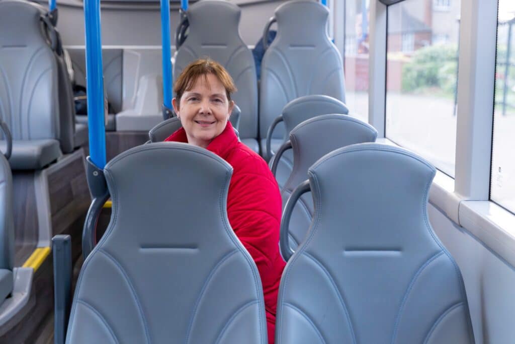 Mayor of the East Midlands, Claire Ward on a bus.