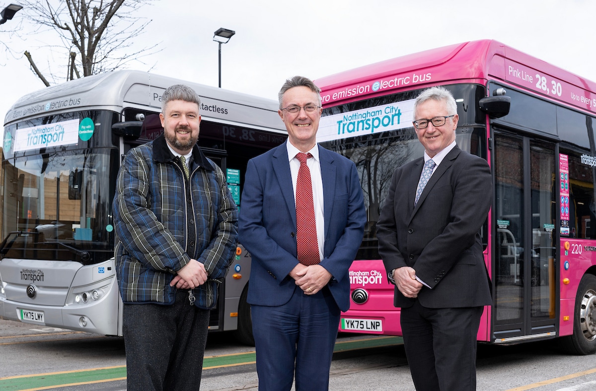 From left, Nottingham City Council principal transport officer Richard Wellings, Nottingham City Transport managing director David Astill and Yutong head of sales Ian Downie celebrate the single-decker roll-out.
