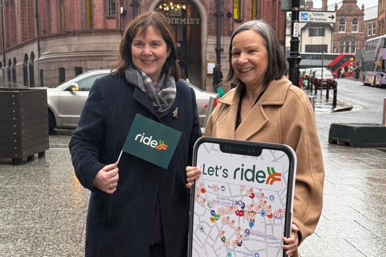 Mayor Claire Ward and Cllr Linda Woodings at the launch of the Ride App in Nottingham city centre.