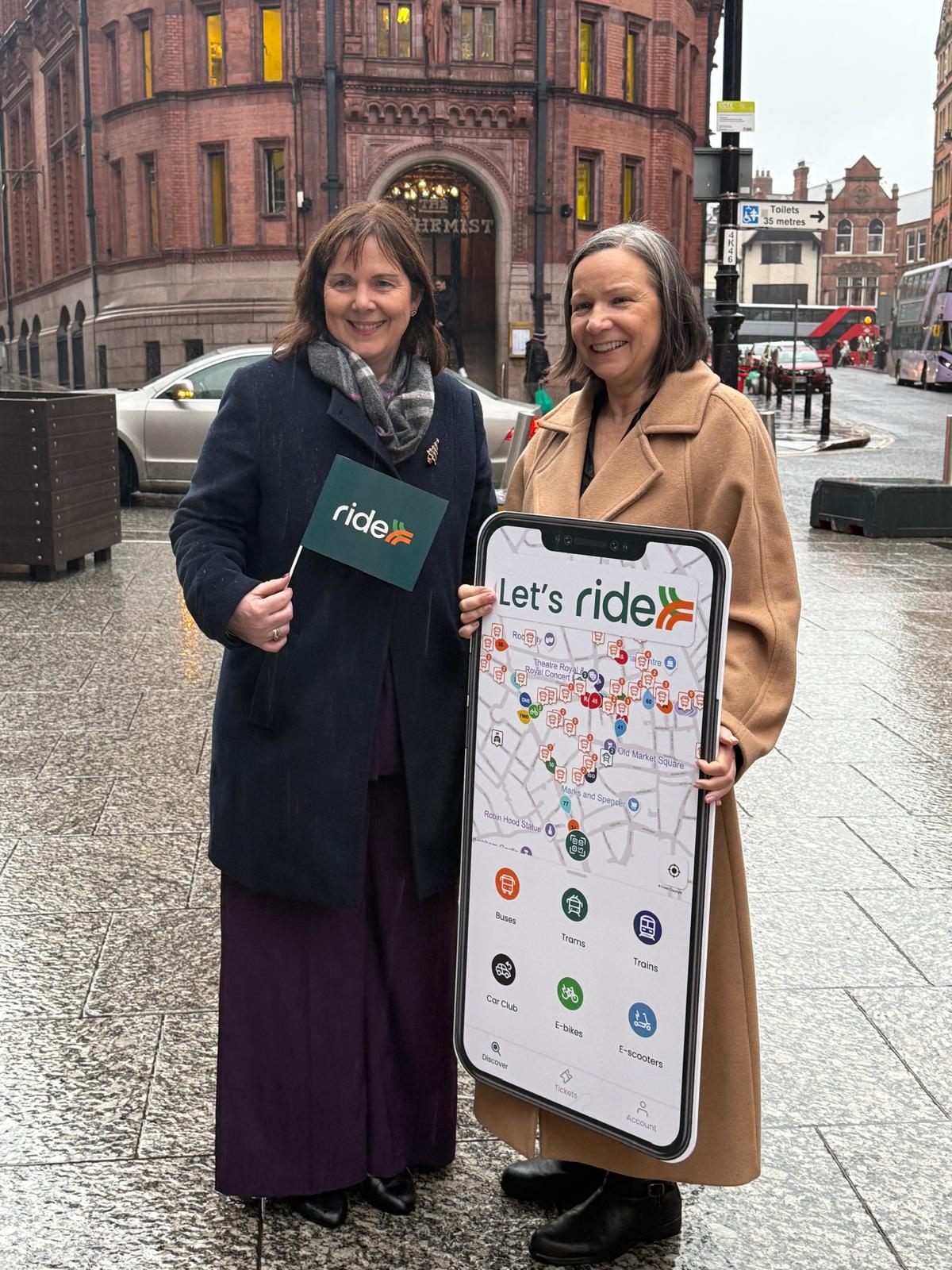 Mayor Claire Ward and Cllr Linda Woodings at the launch of the Ride App in Nottingham city centre.