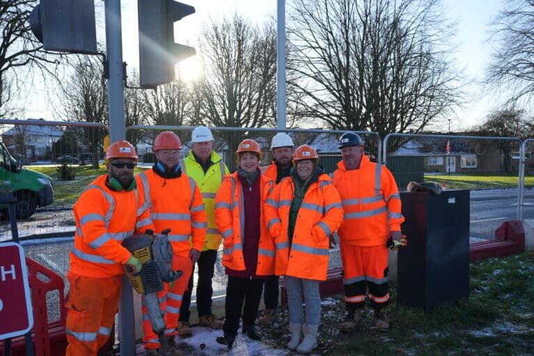 Mayor Claire Ward visited the A514 junction to see the start of work.