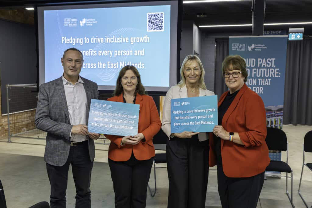 Mayor Claire Ward, second from left, and Councillor Tricia Gilby, right, at the launch of the East Midlands Growth Plan.