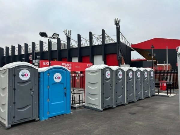 Portable toilets from Get Loos outside Sheffield United FC's Bramall Lane Stadium.