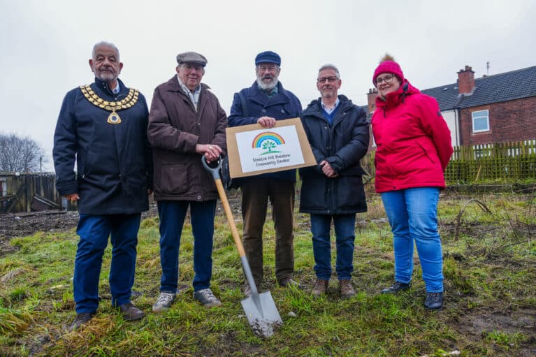 Picture: Chairman Cllr Paul Grafton alongside Doug Edwards, Andrew Jenkins and Steven Murray from the Stanton Hill Rainbow Community Garden Group, and Ashley Marshall from the ADC Regeneration Team