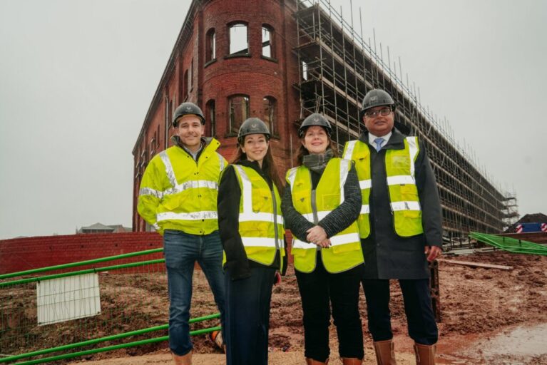 From left, James Dickens, Catherine Atkinson, Mayor Claire Ward and Baggy Shanker at the development.