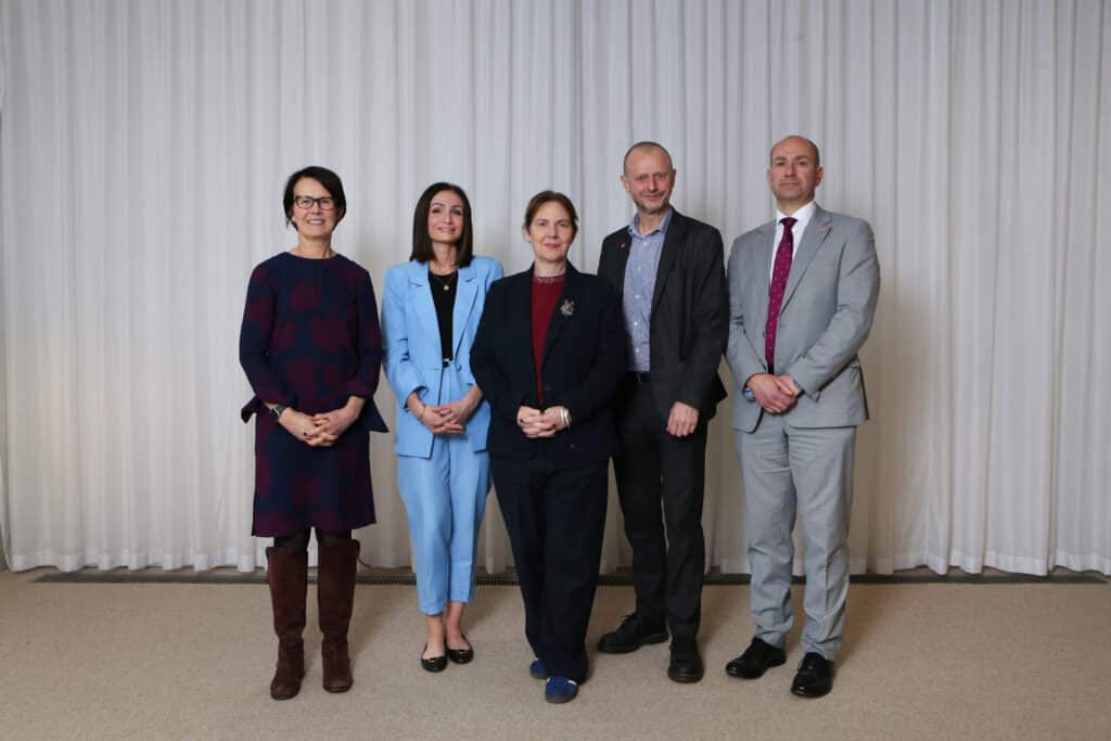 From left, University of Nottingham Vice Chancellor Prof Jane Norman, EMCCA chief executive Amy Harhoff, Mayor of the East Midlands Claire Ward, Nottingham Trent University Vice Chancellor Prof Dave Petley and University of Derby deputy Vice Chancellor Prof Keith McLay launch the East Midlands University Compact.