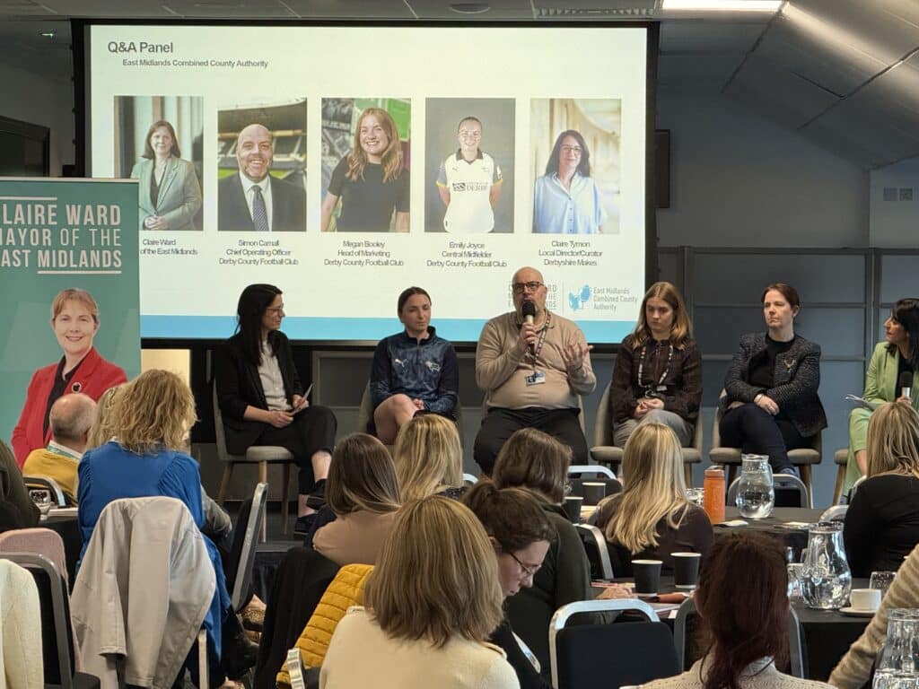 Simon Carnall, Derby County COO, answers a question during the panel session at EMCCA's International Women's Day event at Derby County FC's Pride Park Stadium.