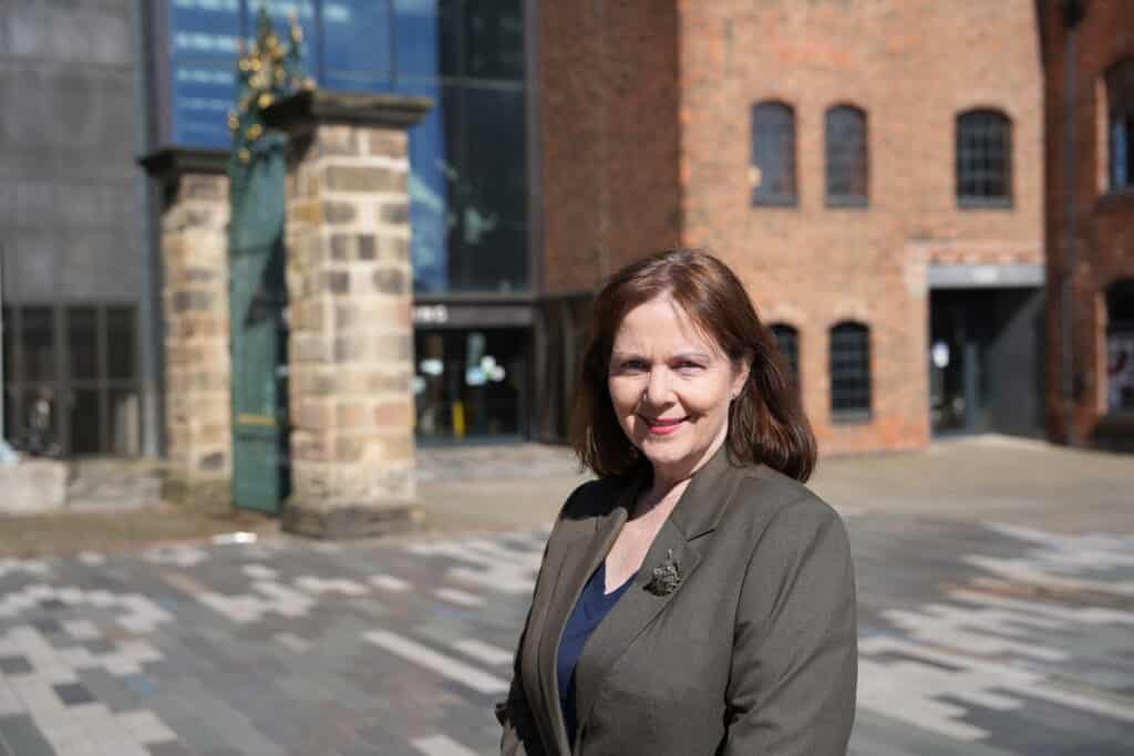Mayor of the East Midlands, Claire Ward, outside Derby's Museum of Making, venue for the UKREiiF launch event.