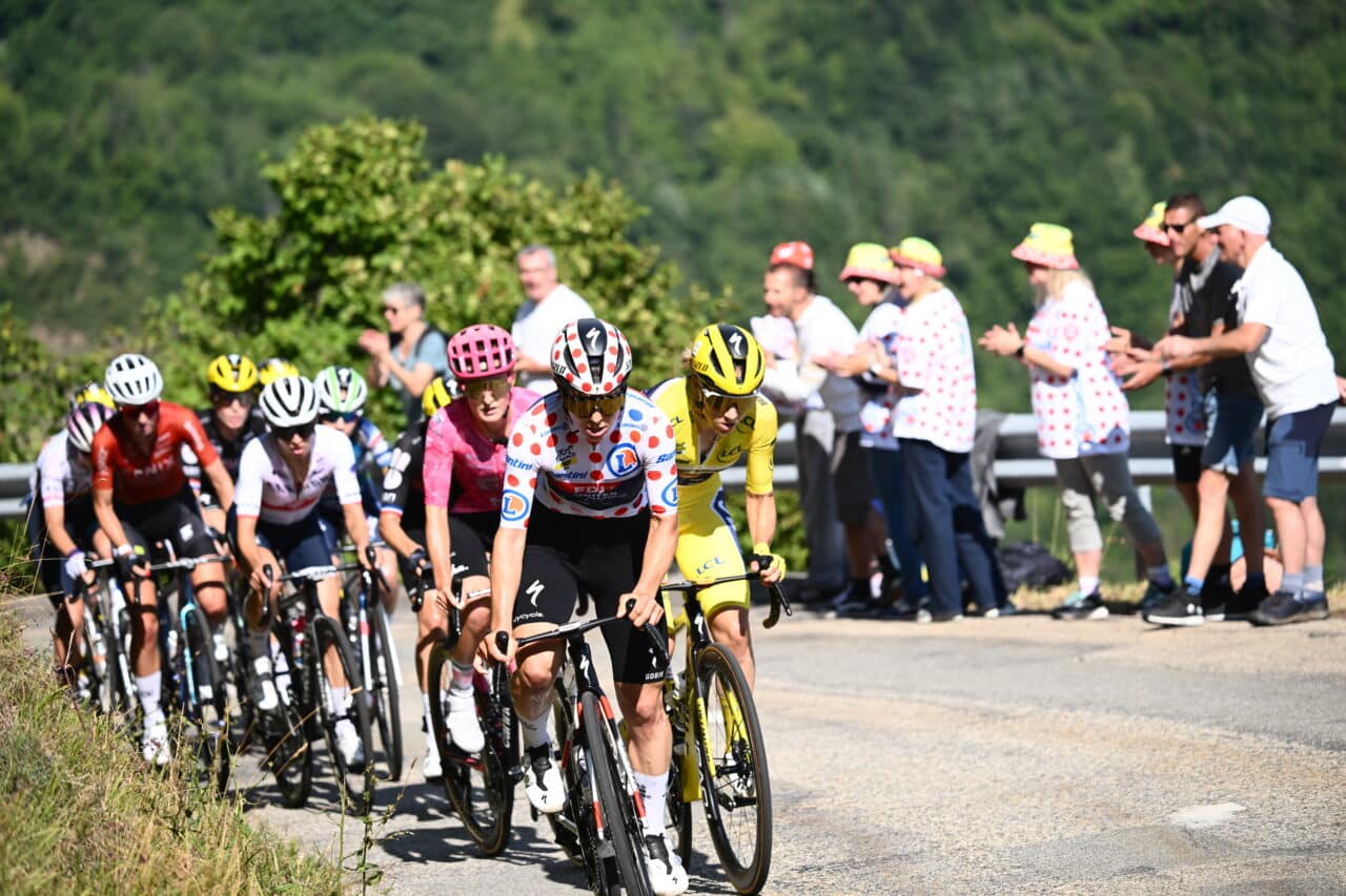 Elise Chabbey, in the mountains jersey, leads stage eight of the 2025 Tour de France Femmes avec Zwift. Picture: ASO/Pauline Ballet.