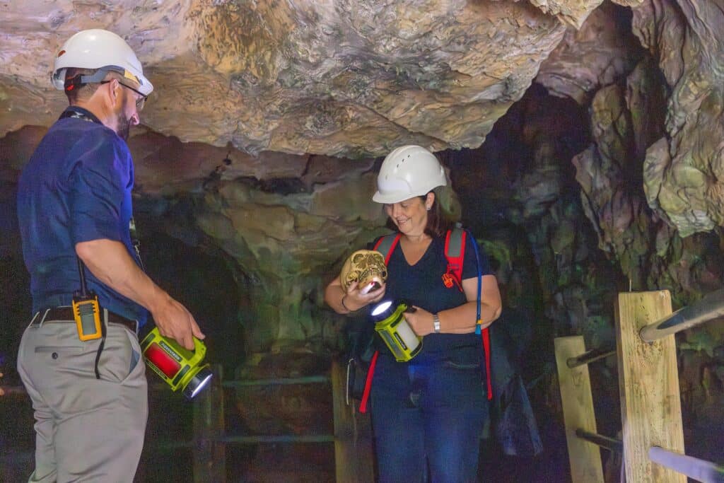 Mayor Claire Ward at Creswell Crags with George Buchanan, director of the archaeological park.