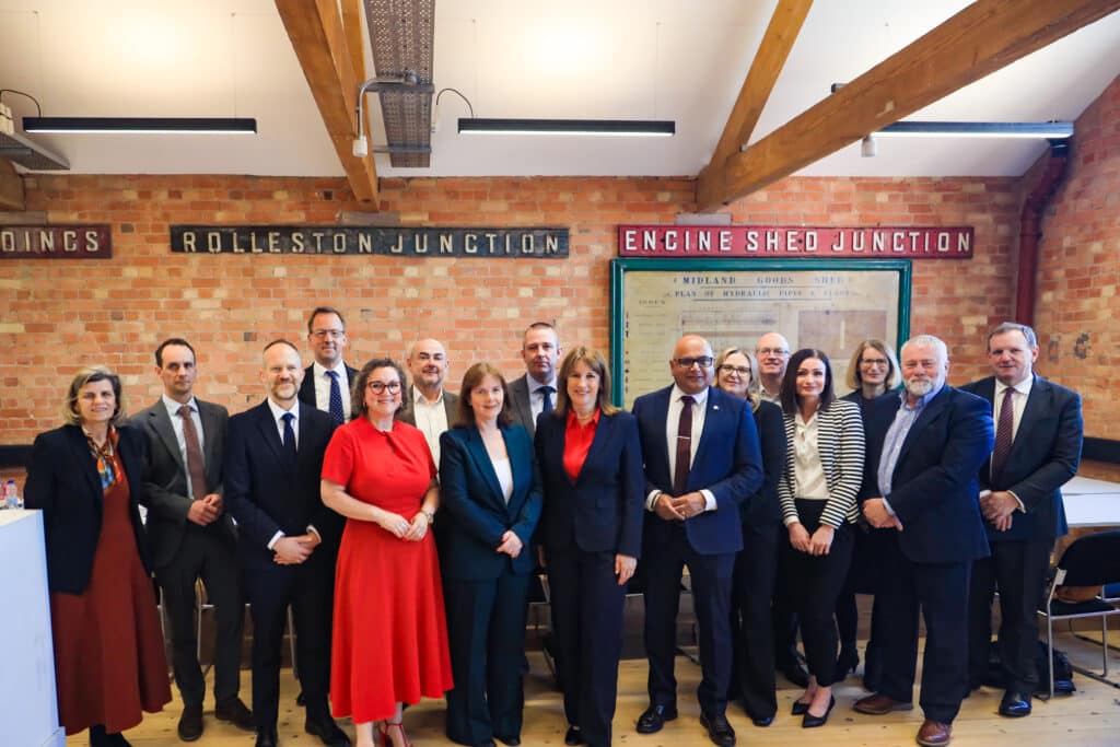 Chancellor Rachel Reeves, centre, with members of Team Derby.