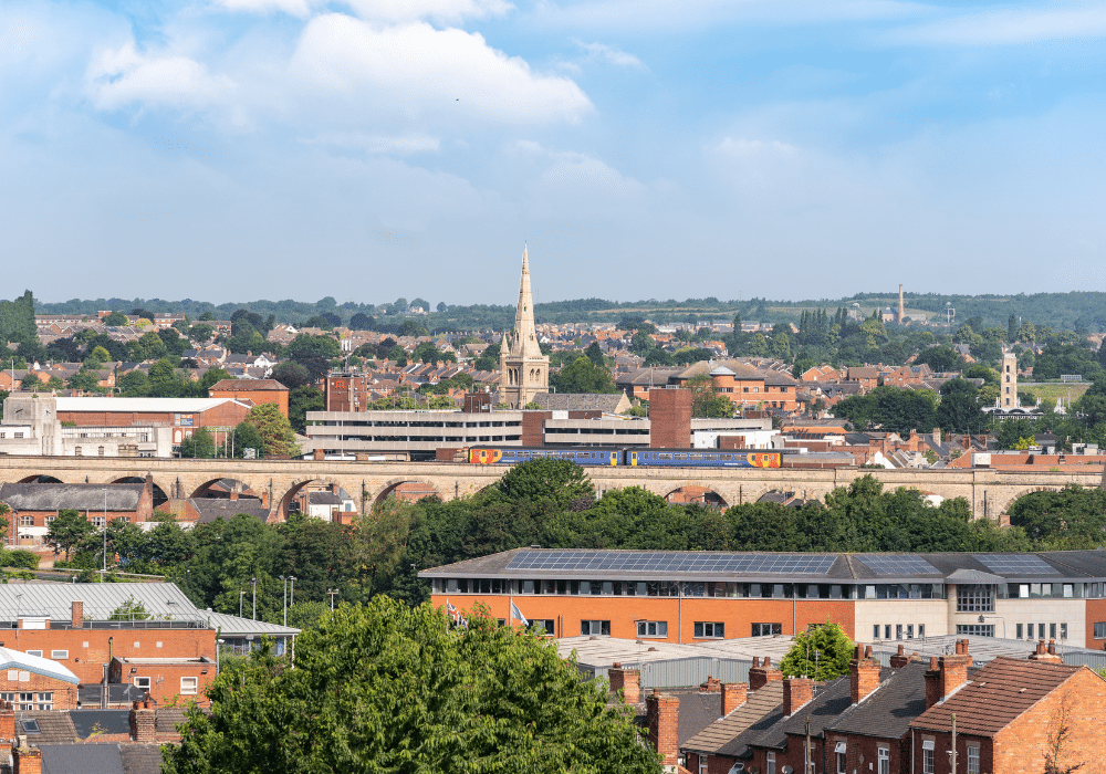 An aerial shot of Mansfield town with the viaduct and town centre in the background