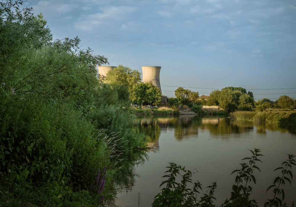 Willington power station cooling towers from the bank of the River Trent