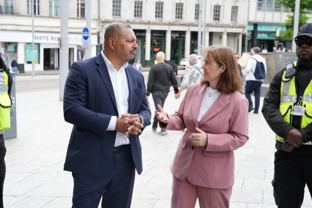 PCC Godden and Mayor Claire discuss the scheme at the launch in Nottingham city centre.