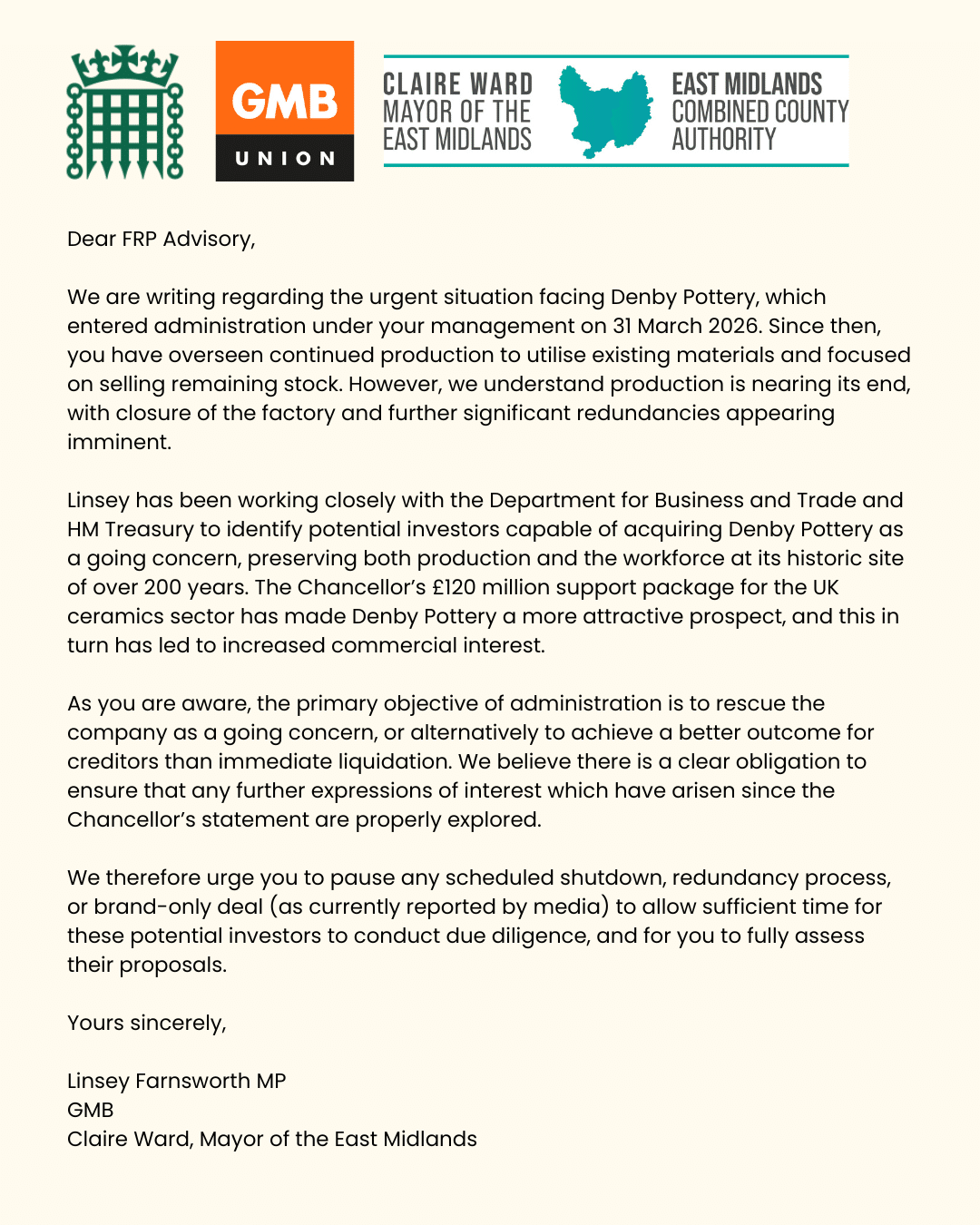 The letter regarding Denby Pottery.