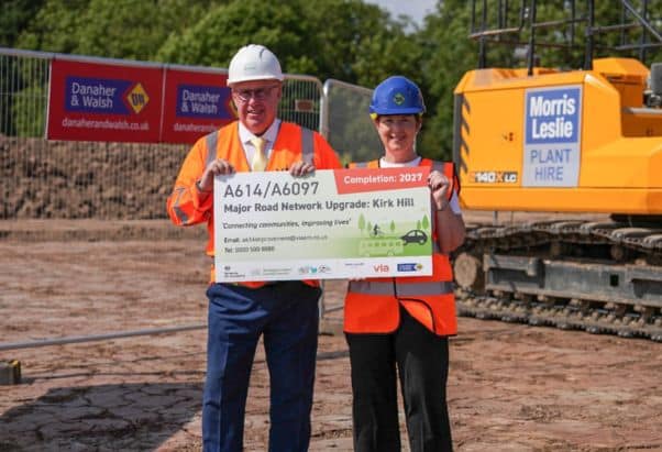 Mayor Claire Ward with Cllr Mick Barton, Nottinghamshire County Council leader, at the Kirk Hill site where road improvements are taking place.