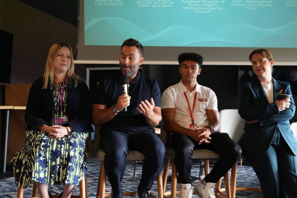 After a keynote speech from Mayor Claire, delegates heard from a panel of guests about the power of sport in communities. Panellists included Derbyshire County Council assistant director of public health Dr Robin Wight, left Support Through Sport CEO Tranai Todd, second from right, and Nottingham Forest Community Trust CEO Calum Osborne, holding the microphone.