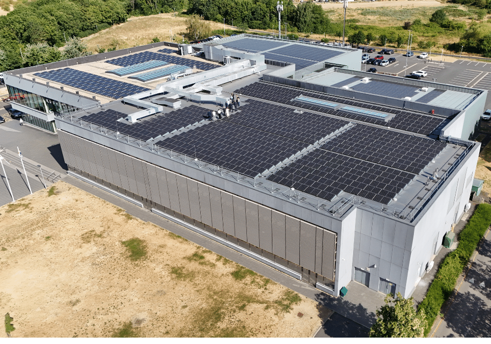 An aerial photo of Rushcliffe Arena showing the newly installed solar panels.