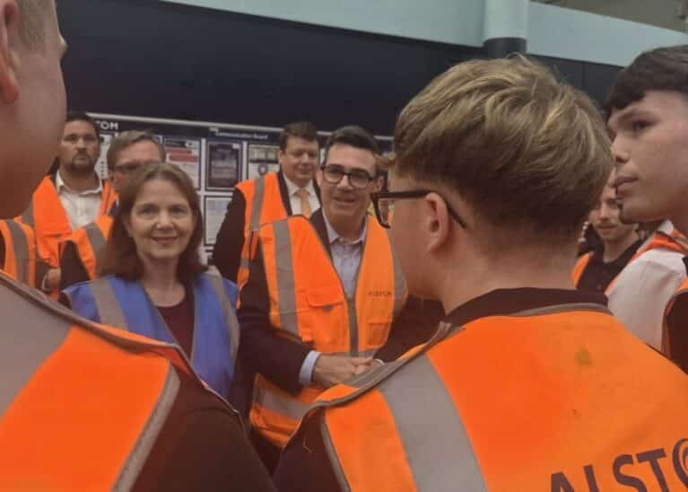 Mayor Claire and Andy Burnham talk to employees at Alstom