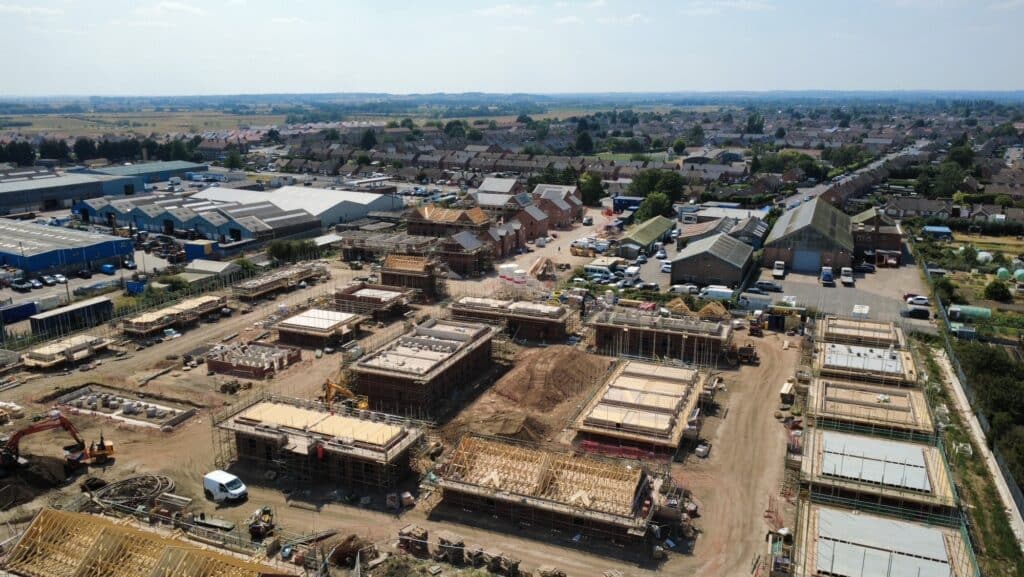 An aerial photo of the construction of a brownfield housing development of affordable homes at Bowbridge Road in Newark.