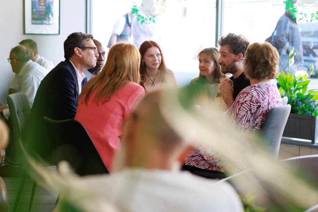 Mayor Claire Ward, Prime Minister Andy Burnham and Communities Secretary Angela Rayner meet residents in Ilkeston, talking about high streets.