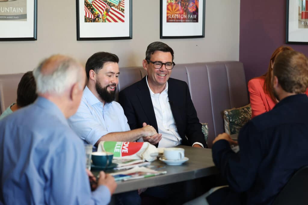 Erewash MP Adam Thompson with Prime Minister Andy Burnham in Ilkeston.