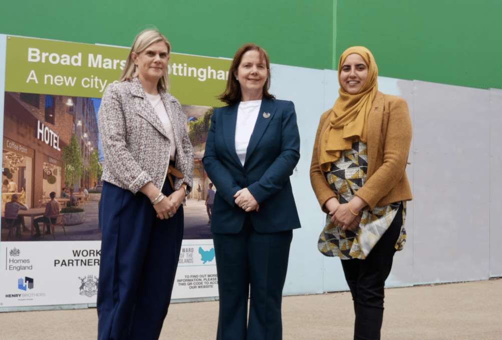From left, Homes England executive regional director for the Midlands Jo Nugent, Mayor Claire Ward and Councillor Neghat Khan at the Broad Marsh demolition site.