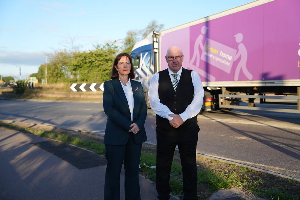 Mayor Claire and Councillor Mick Barton, leader of Nottinghamshire County Council, at the A46 in Newark, one of the road schemes under threat.