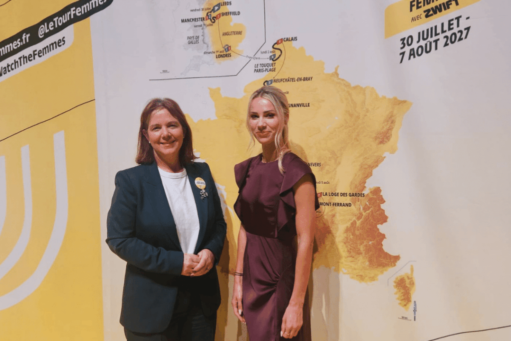 Mayor Claire, left, with Tour de France Femmes route director Marion Rousse at the route launch event in Paris.