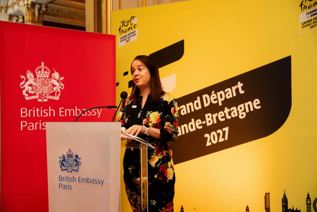 Sport minister Stephanie Peacock speaks in Paris. Picture by Charlie Forgham-Bailey/SWpix.com