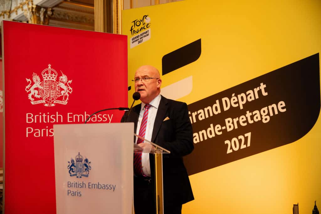 Paul Bush, Grand Départ GB 2027 Managing Director speaking at the British Embassy, Paris ahead of the launch of the Tour de France and Tour de France Femmes routes. Picture by Charlie Forgham-Bailey/SWpix.com