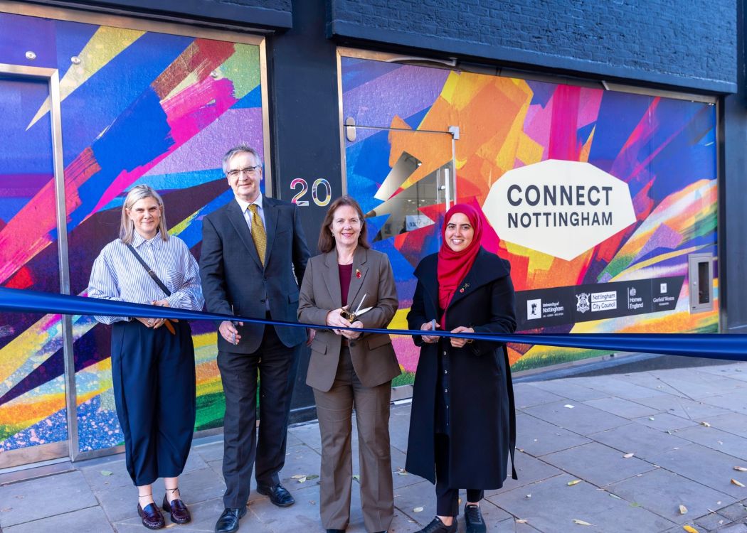 Mayor of the East Midlands cuts a ribbon for the opening ceremony of the Connect Nottingham space at Broad Marsh