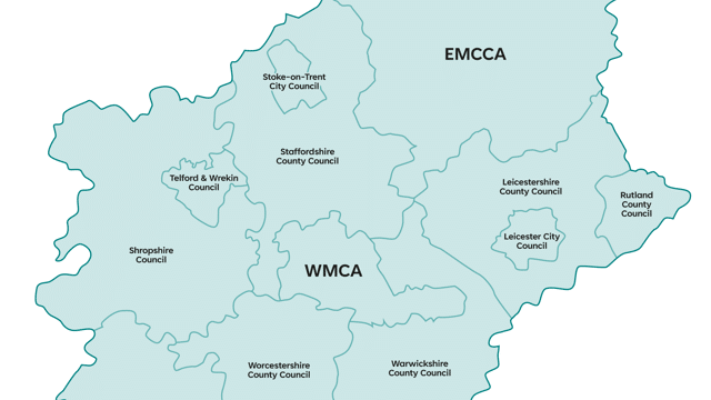 A map of the Midlands Connect region.